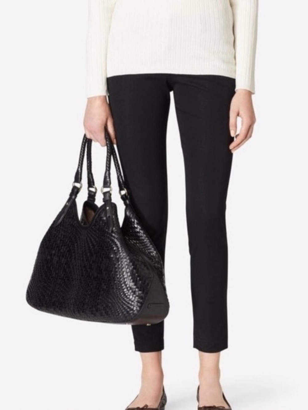 Cole Haan Genevieve Weave Large Triangle Tote Black Suede & Patent Leather EUC